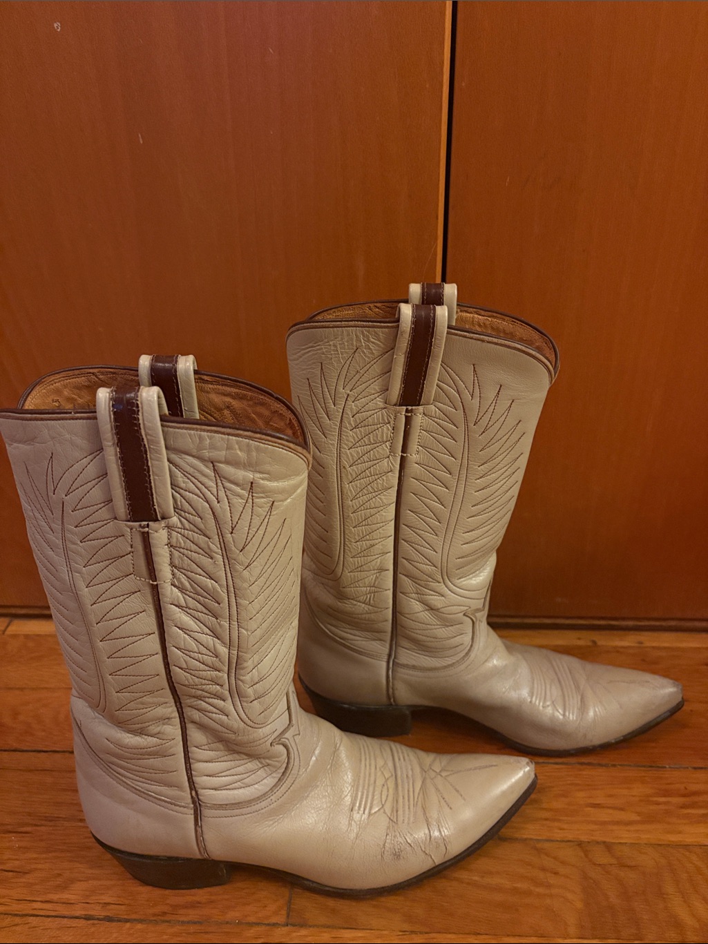 Vintage Off White Tony Lama Two-Tone Leather Cowboy Boots In Brown And Tan